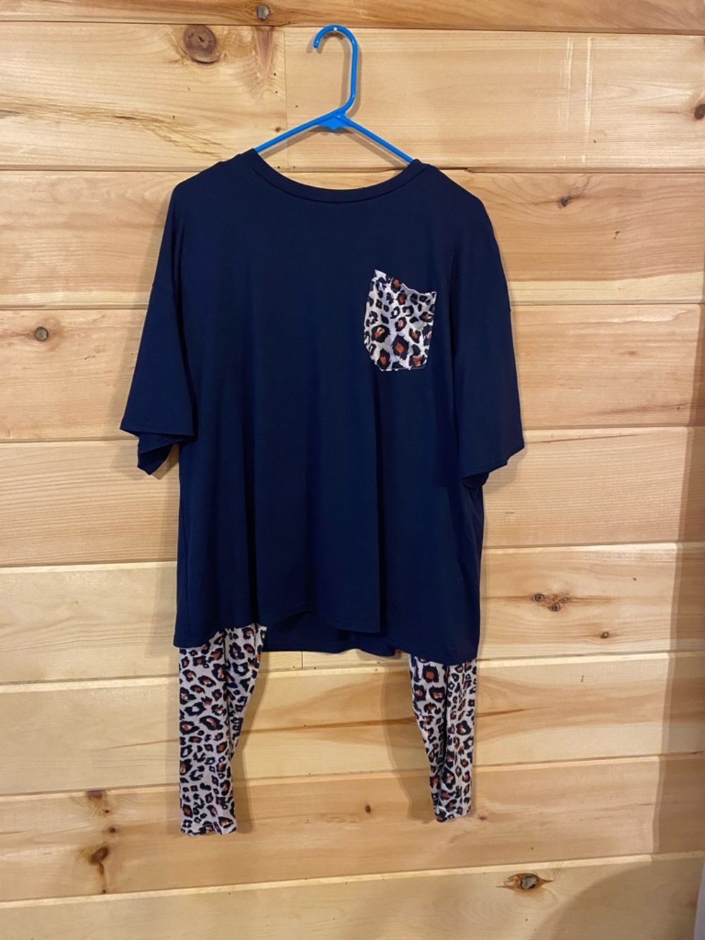 SHEIN 1XL pajama set-Navy Pocket Tee with Leopard Accent & leopard pants $19